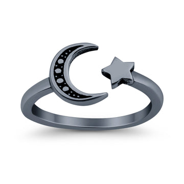 Moon and Star Toe Ring Black Tone Adjustable Band 925 Sterling Silver (7mm)